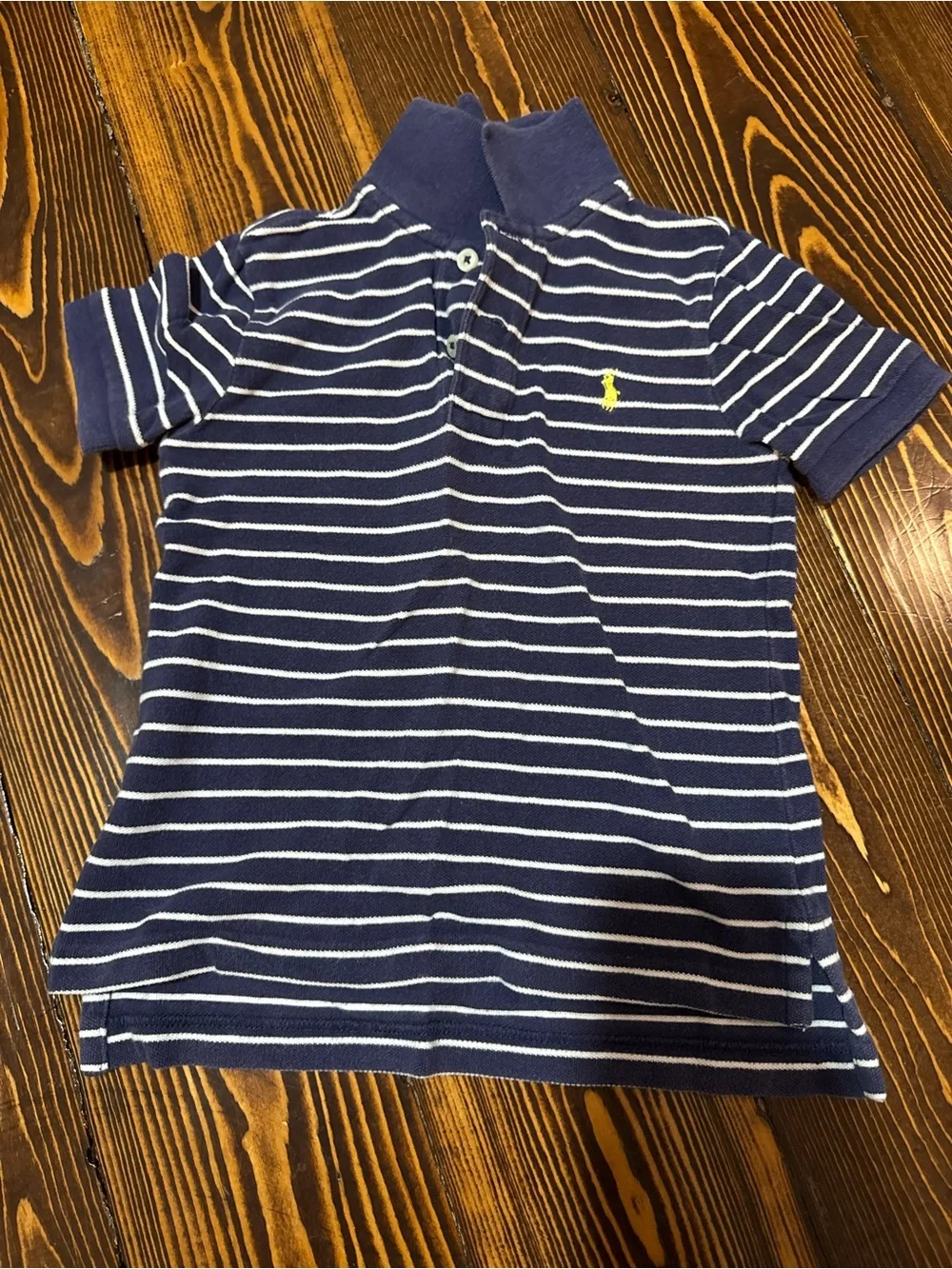 Ralph Lauren Navy & White Striped Polo with Yellow Logo